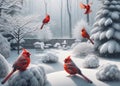 Red Birds Winter White Landscape Backyard Scene Fresh Snowfall Cardinals Trees AI Generated