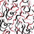 Red and black abstraction on a white background, a seamless futuristic pattern of blots and lines drawn with ink Royalty Free Stock Photo