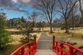 A red and black arched bridge in a Japanese garden surrounded by yellow winter grass and bare winter and lush green trees Royalty Free Stock Photo