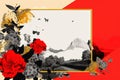 a red and black background with a picture of a mountain and flowers