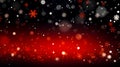 Red and black background with white snowflakes. Glowing circles, festive mood. Snowfall with different snowflake