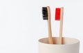 Red and black bamboo toothbrushes in eco cup on white background. Copy space Royalty Free Stock Photo