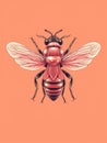 Red and black bee, with wings being red. It is sitting on an orange background