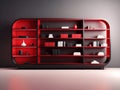 red and black bookshelf with books isolated on gradient background