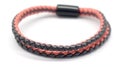 a red and black braided leather bracelet with a black rubber clasp on a white background with a black rubber clasp on the end of