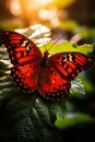 Red and black butterfly perched on leaf, created using generative ai technology Royalty Free Stock Photo