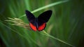 a red and black butterfly resting on a blade of grass