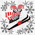 Red and black cartoon owl in striped scarf, hat, skiing in snowflex frame design element Royalty Free Stock Photo