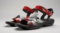 Red and black Casual Style leather Sandal with white background and copy space for text and logo