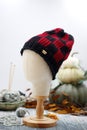 Red and Black Checkerboard Handknit winter hat on mannequin head