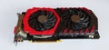 Red and black Computer graphics card with two fans isolated on white background. Royalty Free Stock Photo