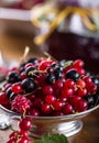 Red and black currants. red currant jam with fresh berry Royalty Free Stock Photo