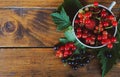 Red and black currants in a white mug on a wooden background Royalty Free Stock Photo