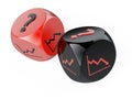 Red and black dices with statistics graphs on the sides and a question mark. Risky investment in big business Royalty Free Stock Photo