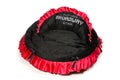 Red and black dog bed.