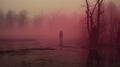 Maroon Fog A Captivating Nighttime Scenery With A Mysterious Figure