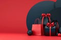 Red and Black Gift Boxes and Shopping Bag with Bows on Red and Black Background. Black Friday Celebration. Royalty Free Stock Photo