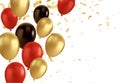 Red, black and gold balloons and golden confetti. Vector glossy realistic baloon on transparent background Royalty Free Stock Photo