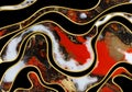 Red, black and gold paint liquid background. Abstract marble texture. Royalty Free Stock Photo