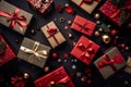 Red, Black And Golden Decorated Christmas Background With Gifts, Baubles And Stars - Generative AI Royalty Free Stock Photo