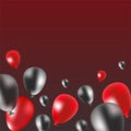 Red and black gradient blurred balloons different sizes on gradient dark black red background at the bottom with copy space. Black