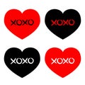 Red, black heart icon set. Xoxo phrase sketch saying. Hugs and kisses. Happy Valentines day sign symbol. Cute graphic object. Love