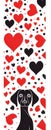 Red and Black hearts on a white background in the middle of a puzzled black silhouette of a dachshHeart as a symbol of