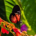 Red and black Heliconius longwing butterfly feeding on yellow flower Royalty Free Stock Photo