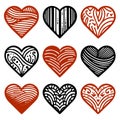 Red and black ornamental doodle lines love hearts valentine symbol set. Vector Love icon hand drawn isolated on white background. Royalty Free Stock Photo