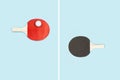 Red and black ping pong paddles with a white ball on a light blue background