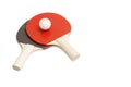 Red and black ping pong paddles with a white ball