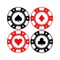 Red and black poker gaming chips vector set. Casino tokens coins.