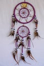 Red black and purple Dreamcatcher with bat made of feathers leat