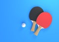 Red and black rackets for table tennis with white ball on blue background Royalty Free Stock Photo