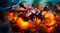 Red and black remote controlled helicopter flying over fire filled field with building in the background. Generative AI Royalty Free Stock Photo
