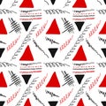Red and black seamless pattern. Triangles and doodle lines. Hand-drawn template. Vector  illustration Royalty Free Stock Photo