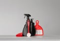 Red and black set of tools and tools for cleaning the kitchen. Royalty Free Stock Photo