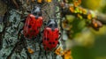 Red and black soldier beetles mating on tree trunk, wingless pyrrhocoridae insects in copulation Royalty Free Stock Photo