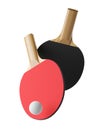 Red and black table tennis or ping pong paddles or rackets with table tennis ball floating isolated on white background Royalty Free Stock Photo