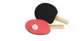 Red and black table tennis or ping pong paddles or rackets with white table tennis ball arranged on white background, hobby sports Royalty Free Stock Photo