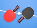 Red and black table tennis rackets with ball. On blue background Royalty Free Stock Photo