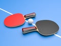 Red and black table tennis rackets with ball. On blue background Royalty Free Stock Photo