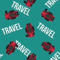 Red and Black Travel Backpack on Blue Background with Text Vector Seamless Pattern