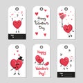 Red and black Valentines day gift tags set with cartoon hearts