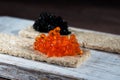 Red and black vegan caviar from kelp seaweed on crispbread. Valuable and healthy product for a healthy diet. Superfood. Close-up Royalty Free Stock Photo