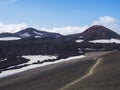 Red and black volcanic Iceland landscape at Fimmvorduhals hiking trail with glacier volcano lava field, snow and magni Royalty Free Stock Photo