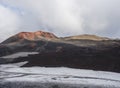 Red and black volcanic Iceland landscape at Fimmvorduhals hiking trail with glacier volcano lava field, snow and magni and mudi Royalty Free Stock Photo