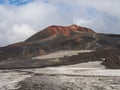 Red and black volcanic Iceland landscape at Fimmvorduhals hiking trail with glacier volcano lava field, snow and magni Royalty Free Stock Photo