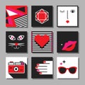 Red, black and white flat pop art minimal square cards set