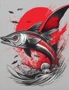 Red, black, white graffiti illustration of red and black flying fish, vibrant color, t-shirt design, hoodies, art